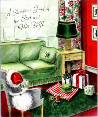 Hallmark Living Room Sofa Couch Santa Gift Wrap Vtg Christmas Greeting Card