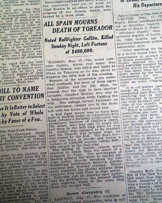 Joselito Jose Gomez Ortega Matador Bullfighter Gored Goring Death 1920 Newspaper