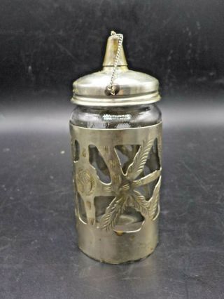 Antique Vintage Alpaca Silver Overlay Glass Sugar dispenser w/Attached Cap 3