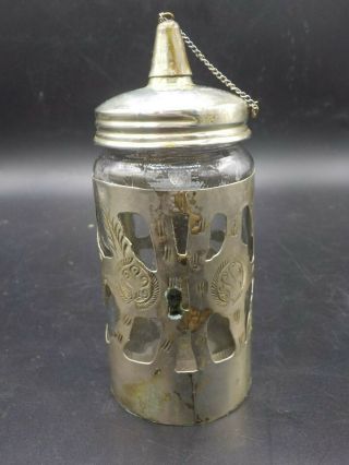 Antique Vintage Alpaca Silver Overlay Glass Sugar dispenser w/Attached Cap 4