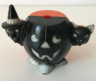 Vintage Rosbro Hard Plastic Halloween Witch Black Cat Pumpkin Candy Holder Rare