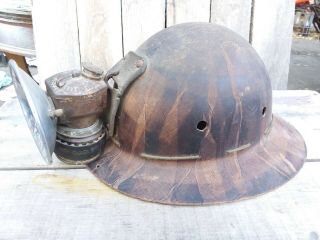 antique gold Miner ' s helmet with carbide lamp Autolite 7