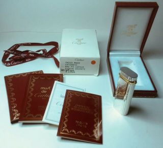 20th Annv.  Must De Cartier Silver & Gold Godron Faceted Sapphire Briquet Lighter