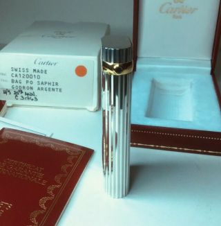 20th Annv.  Must de Cartier Silver & Gold Godron Faceted Sapphire Briquet Lighter 3