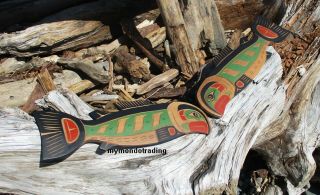 Northwest Coast First Nations native wood Art carved Salmon cedar signed 10