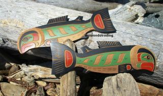 Northwest Coast First Nations native wood Art carved Salmon cedar signed 7