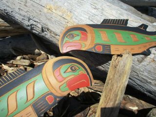 Northwest Coast First Nations native wood Art carved Salmon cedar signed 8