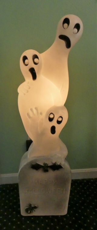 Vintage 41 " Halloween Blow Mold Lighted Tombstone With 3 Ghosts