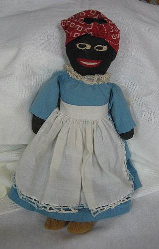 Vintage Black Americana Rag Doll - - Hand Made - Embroidered Face - Folk Art