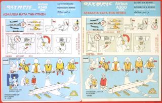 Olympic Airways Airbus A300 - 600 Airbus A340 - 300 Safety Card X 2 Different