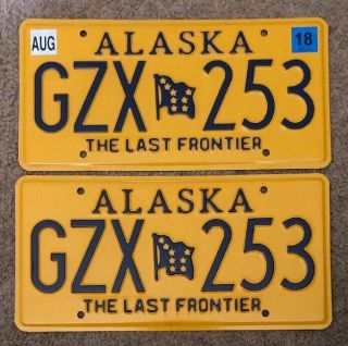 Set Of Alaska Vehicle License Plates - Matching - Yellow & Blue - State Flag Vgc