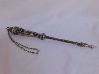 Sterling Silver Yad Page Turner Pointer Judaica Torah Turquoise 12.  5 " Long