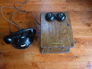 Antique Stromberg - Carlson Oak Wood Telephone,  With Hand Crank,  With Bakelite Phone