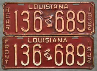 Louisina.  1932.  License Plate.  Pair. ,  Orleans Brake Inspection Badge