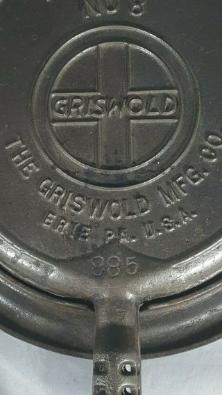 Griswold Slant Logo Cast Iron Waffle Maker No 8 Low base 885/886A 152C Base A HE 2