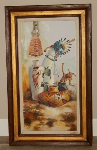 Pottery And Kachina By Robert Yellowhair 1975 - Framed Oil On Canvas 23 " X 38 "