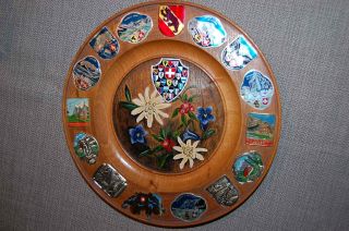 Swiss Wooden Plate With 16 Vintage Walking Stick Badges Edelweiss Painting Rare