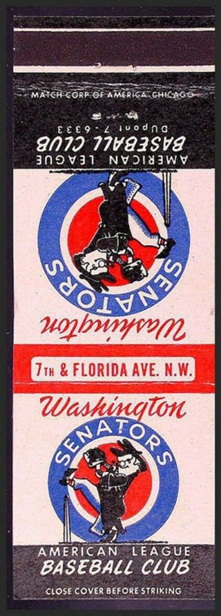 Mnt Dated 1959 Washington Senators American League Baseball Club Matchbook Cover
