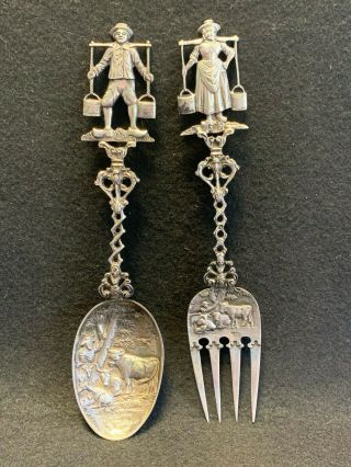 Sterling Silver.  925 Pilgrim Settlers Ox Design Fork & Spoon Serving Set 126.  73g