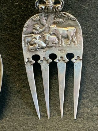 Sterling Silver.  925 Pilgrim Settlers Ox Design Fork & Spoon Serving Set 126.  73g 4