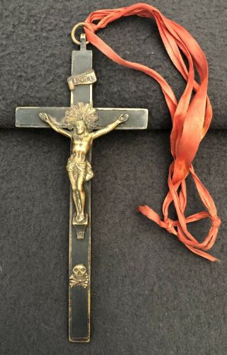 Antique Brass Wood Inlay Pectoral Skull Crossbones Crucifix Sacred Heart Sword