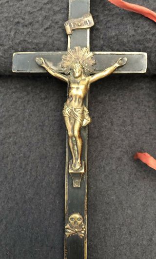 Antique Brass Wood Inlay Pectoral Skull Crossbones Crucifix Sacred Heart Sword 2