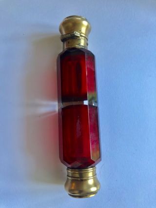 Antique Ruby Red Glass Double Ended Scent Bottle Brass Caps Circa 1860