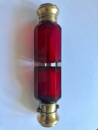 Antique Ruby Red Glass Double ended Scent Bottle Brass Caps Circa 1860 3