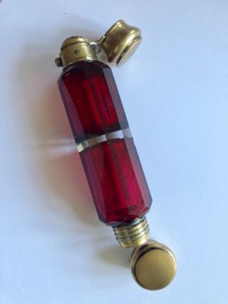 Antique Ruby Red Glass Double ended Scent Bottle Brass Caps Circa 1860 4