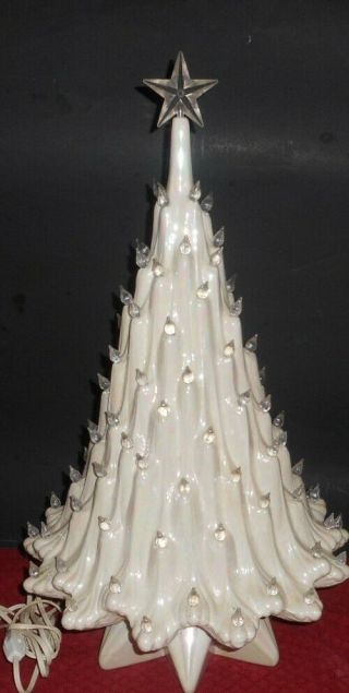 Vintage White Ceramic Iridescent Opalescent Christmas Tree 20” W/bulbs & Star