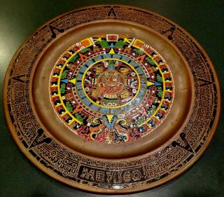 Vintage Mayan Calendar Copper Enamel Aztec Art Tray 11 " 409g