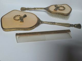 Antique 24 Kt Gold Plate Filigree Ladies Vanity Hand Mirror Brush Comb Set