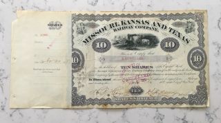 Antique Stock Certificate Missouri Kansas Texas Railway Mkt Rr Railroad 1880