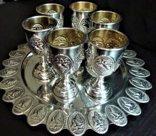 Judaica Israeli Sterling Silver Grape Set Of 6 Kiddush Cups & Tray 297.  3 G