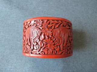Old Carved Elephants Flowers & Leaves Red Cinnabar Wide Cuff Bracelet China