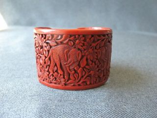Old carved elephants flowers & leaves red cinnabar wide cuff bracelet China 2