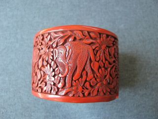 Old carved elephants flowers & leaves red cinnabar wide cuff bracelet China 3