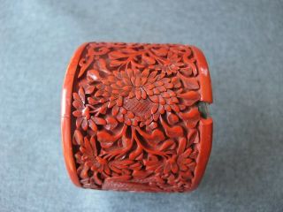 Old carved elephants flowers & leaves red cinnabar wide cuff bracelet China 4