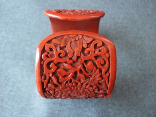 Old carved elephants flowers & leaves red cinnabar wide cuff bracelet China 5