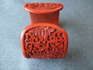 Old carved elephants flowers & leaves red cinnabar wide cuff bracelet China 6