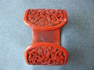 Old carved elephants flowers & leaves red cinnabar wide cuff bracelet China 7