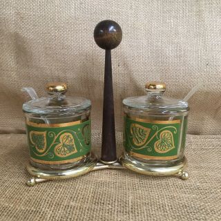 Culver Design Condiment Jars With Caddy And Spoons Green And Gold