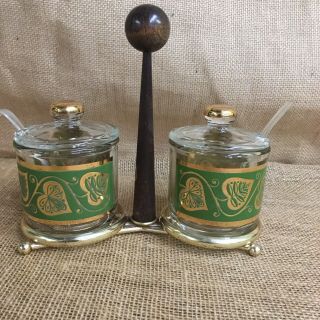 Culver Design Condiment Jars with Caddy and Spoons Green and Gold 8