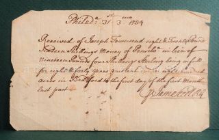 1734 Antique Colonial Receipt Bradford Chester Co Pa Joseph Townsend Handwritten