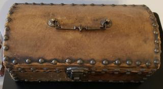 Vintage Large Leather And Wood Jewelry Or Storage Box With Metal Studs