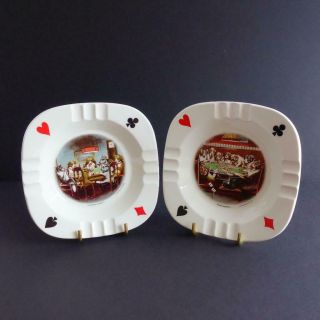 Vintage Homer Laughlin Pearl China Dogs Playing Poker Ceramic Ashtrays Set Of 2