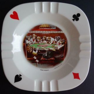 Vintage Homer Laughlin Pearl China Dogs Playing Poker Ceramic Ashtrays Set of 2 2