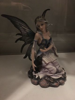 Mystical Fairy Statue With Black Cat And Spell Book