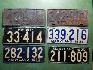 Six Early Maryland License Plate 1917,  1918,  1933,  1935,  1936