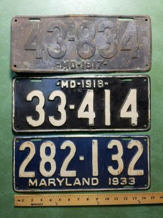 Six Early Maryland License Plate 1917,  1918,  1933,  1935,  1936 2